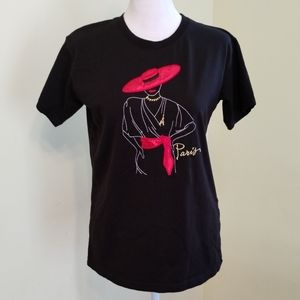 Paris France Women's T-shirt Ladies Glamour Red Hat and Belt Size S